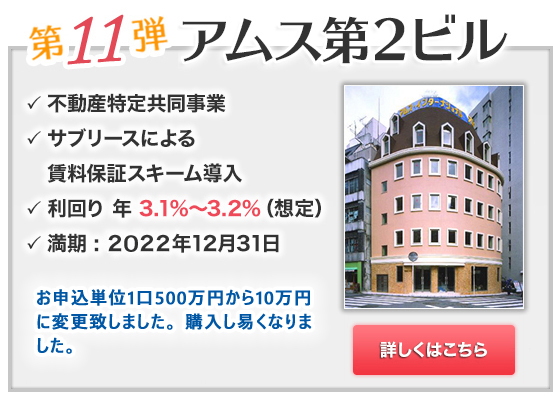 第11弾 アムス第2ビル不動産特定共同事業商品。アムスエステートによる賃料保証スキーム導入。利回り 年 3.1%～3.2% (想定)、満期：2022年12月31日