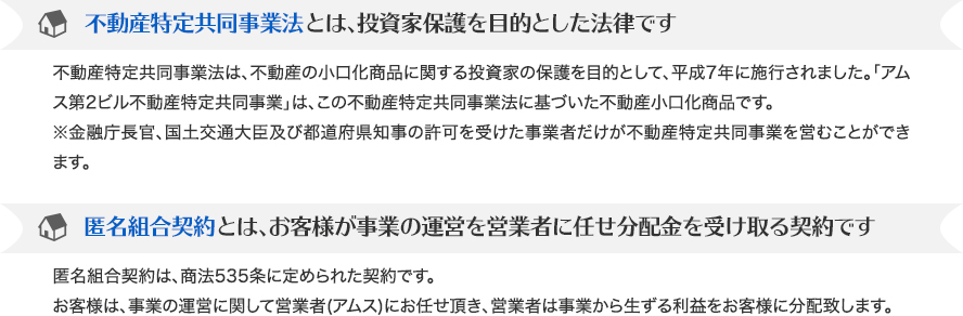 不動産特定共同事業法とは、投資家保護を目的とした法律です。匿名組合契約とは、お客様が事業の運営を営業者に任せ分配金を受け取る契約です。